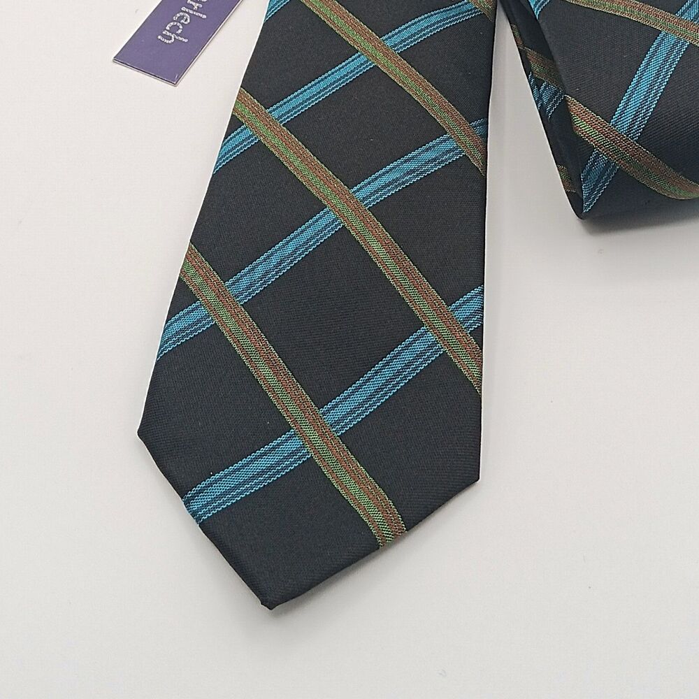 Lords Of Harlech Silk Tie Mens 61.5” Black Green Plaid Designer Skinny NWT